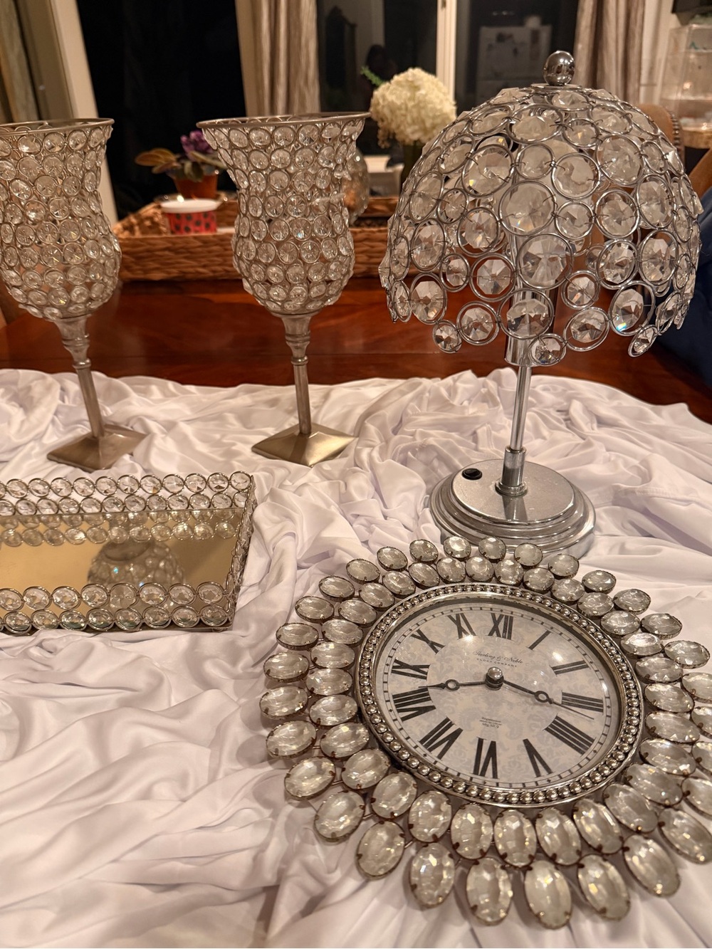 Faux Crystal Accent Table Clock and Decorative Set - Silver